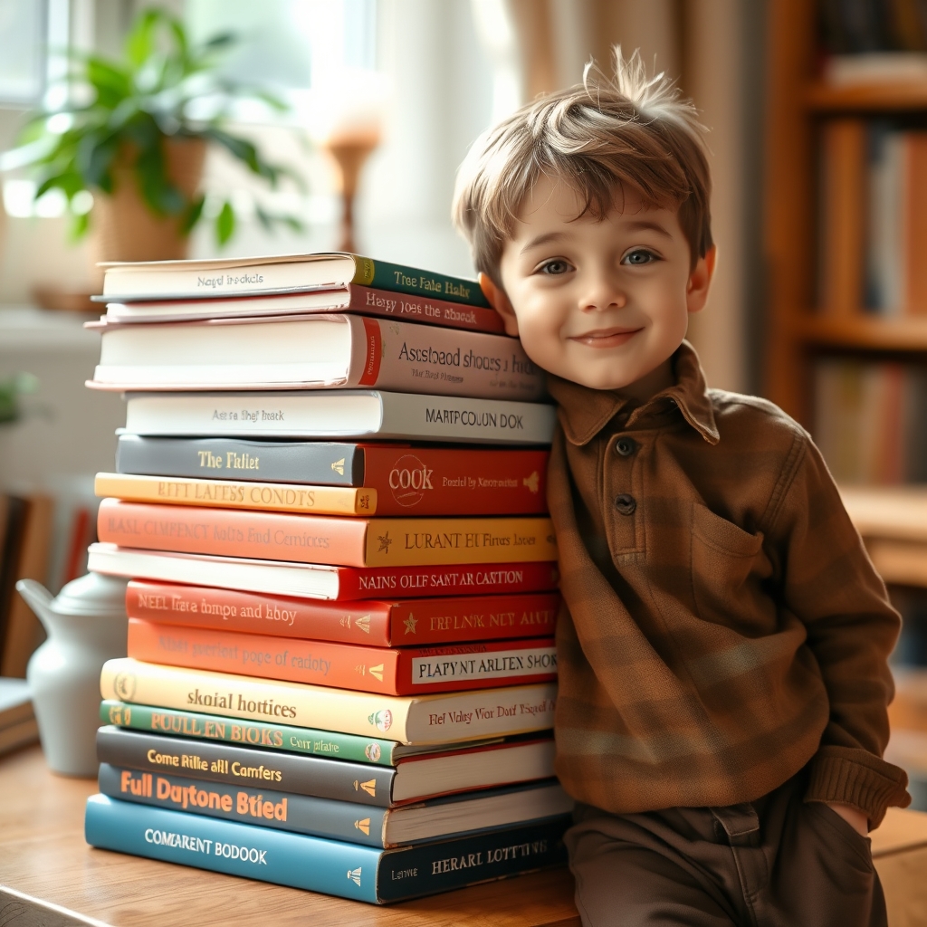 عکس چند تا کتاب زبان که روی هم قرار گرفتنو یک پسر بچه جذاب به این کتابها تکیه داده است16