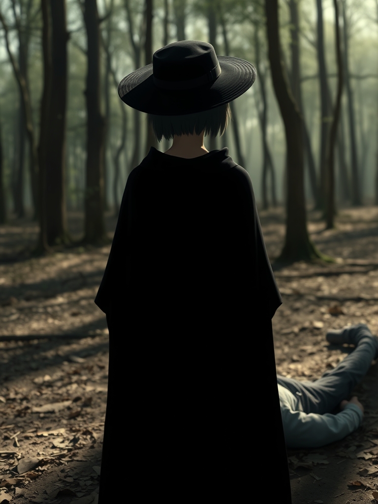 سایه یک دختر با موهای کوتاه در جنگل و روی زمین یک جسد افتاده باشه اما زیاد قیافه جسد معلوم نباشه دختره با یک شنل مشکی باشه و یک کلاه افتابی مشکی سرش باشه قیافش معلوم نباشه0