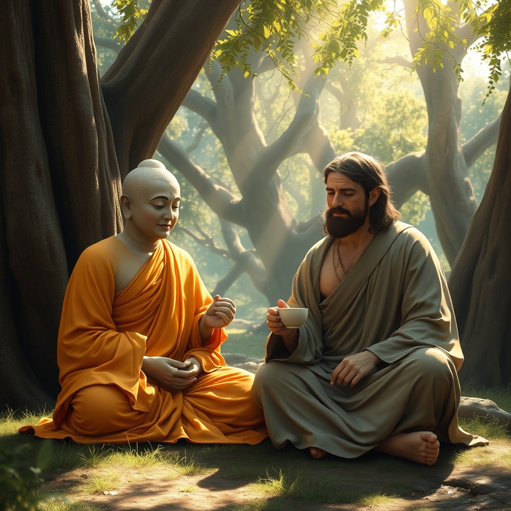 بودا و عیسی در کنار هم در طبیعت و مشغول نوشیدن چایی1