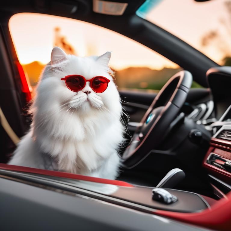 یک گربه پرشین سفید سوار بر بی ام وی دبلیو با عینک دودی قرمز 0