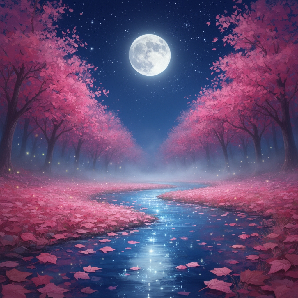 تصویر ماه کامل که آسمان شب صاف است و در کنار های ان پر از درخت های پاییزی با برگ های صورتی است که روی زمین هم ریخته شده و از وسط درختان جوی ابی رد می شود که تصویر ماه و ستارگان در آن افتاده2