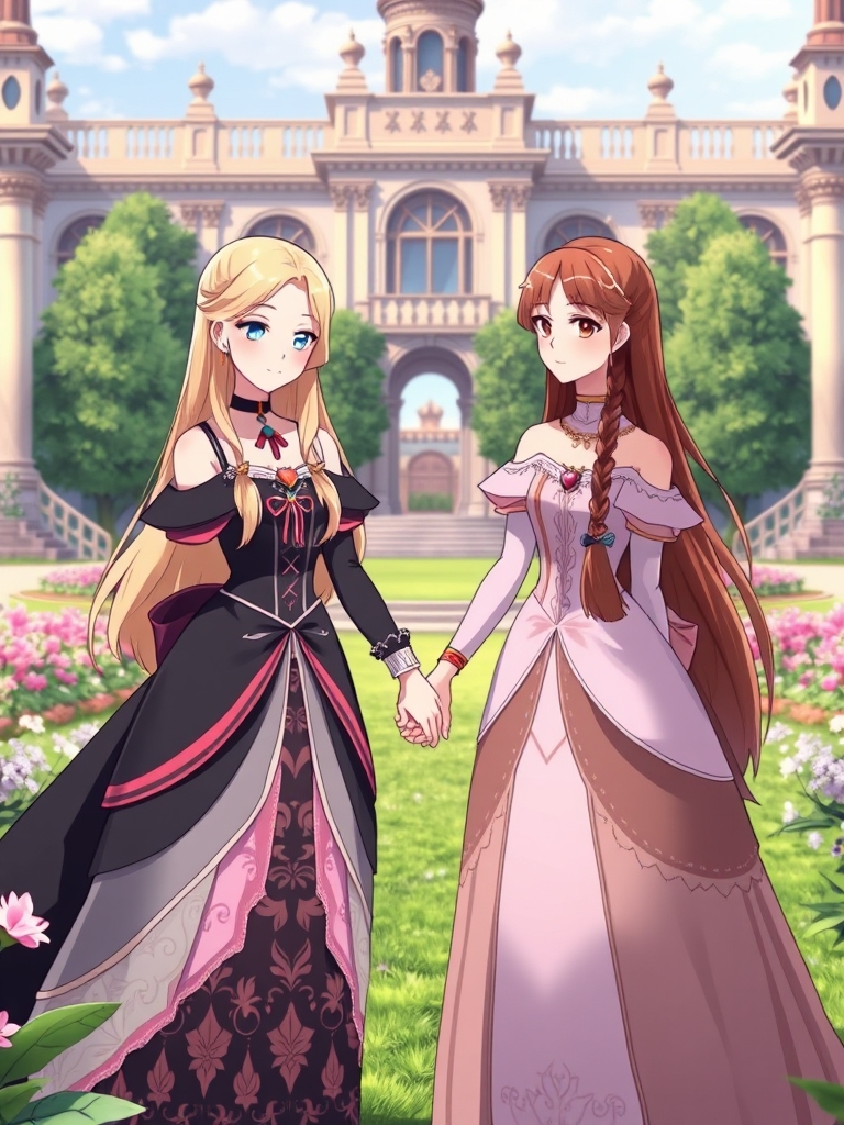 دو تا پرنسس ۱۹ ساله 
یکیشون موهای بلند و طلایی ، پوست سفید و چشم های آبی داره و یه پیراهن  مجلسی رویایی پرنسسی مشکی صورتی سفید ، و اون یکی موهای بلند قهوه‌ای، پوست سفید و چشم های طلایی و یه پیراهن قهوه‌ای و نقره ای صورتی پوشیده و دست همدیگرو گرفتند داخل باغ قصر بزرگ 15