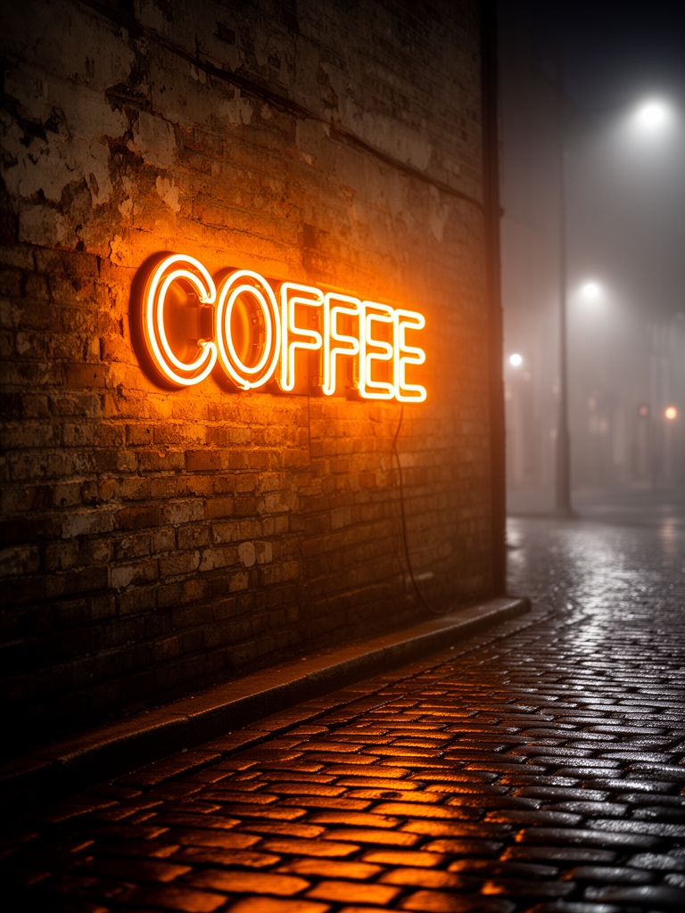 تابلوی نئون درخشان روی یک دیوار آجری قدیمی در شب که کلمه "COFFEE" را با رنگ نارنجی گرم نشان می‌دهد، فضای دنج خیابانی.3