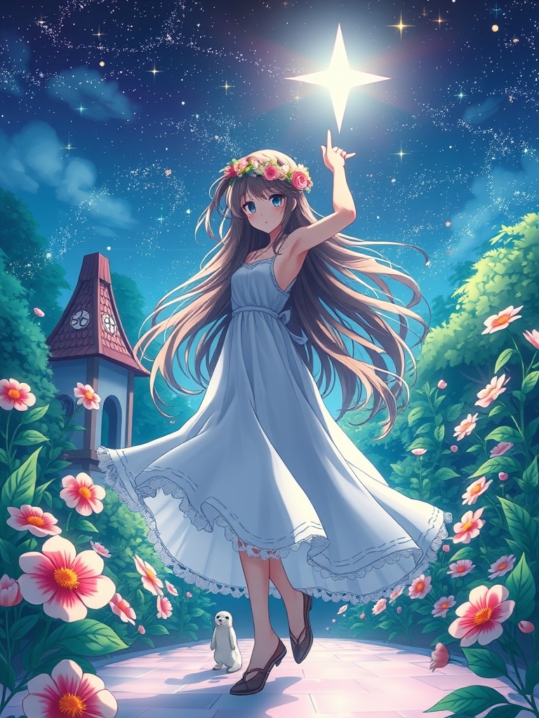 پرتره تصویر یک زن زیبای جوان با موهای بلند که تاجی از گل برسر دارد و با ناز و ظرافت در باغ وزیر اسمان پ ستاره شب میرقصد و میچرخد؛🔮🌌💃👗👠💜🤍✨💫💞🕛🛕🏛🌹🌹🌹🌿🌿🌧🛕؛ سورئال رویایی، داینامیک4