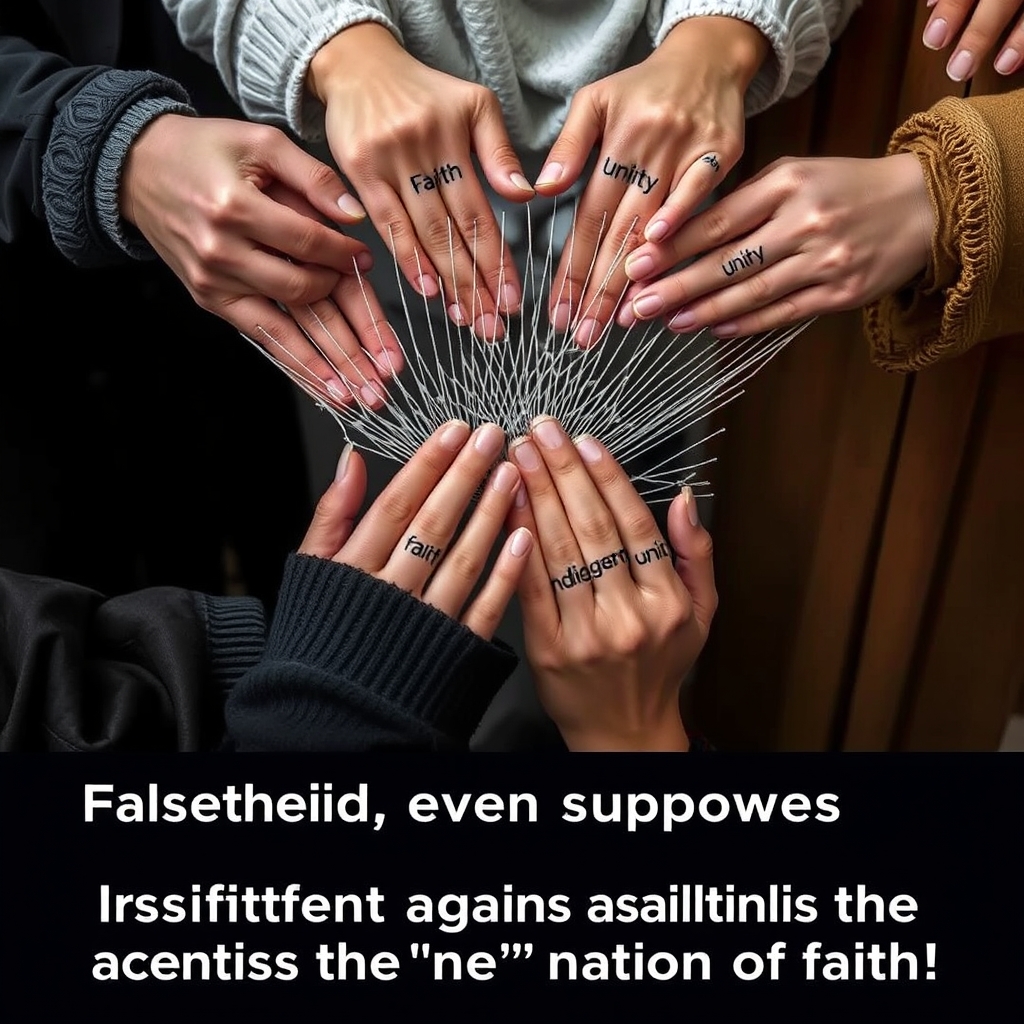  - **دست‌های جوانان ایران** در حال **بافتن تور محافظ** از نخ‌هایی با عناوین:  
  «ایمان»، «وحدت»، «دانش بومی»، «اقتصاد مقاومتی»  
- **متن پایین تصویر**:  
  «باطل، حتی با پشتوانه‌ی ابرقدرت‌ها، در برابر "مُلته‌ی ایمان" ذره‌ای است!»  16