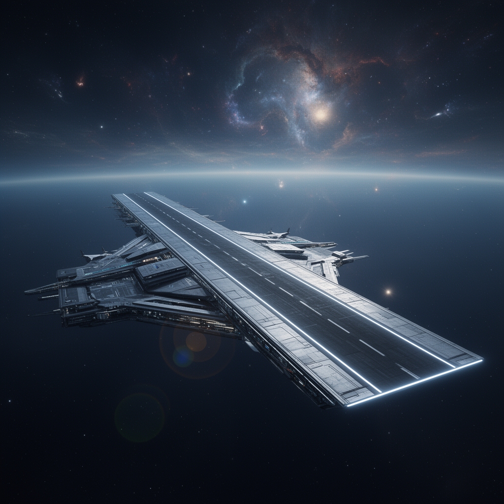 یک فرودگاه آهنی فضایی معلق در فضا با باند فروددراز با نمای آسمانی5