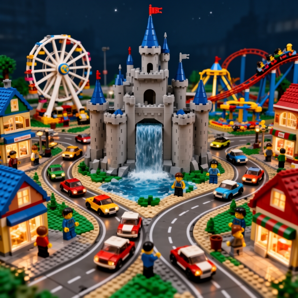 یک شهر لگویی آدمکهای لگویی که وسط آن شهر یک قصر لگویی بزرگ و جادههای لگویی و ماشینهای لگویی زیاد شهربازی لگویی که در شهربازی چرخ و فلک ترن هوایی و چیزهای دیگه و مغازههای لگویی زیادی داشته باشد و خانههای لگویی که شب باشه و چراغ داشته باشد و جلوی قصر یک آبشار بزرگ باشد3