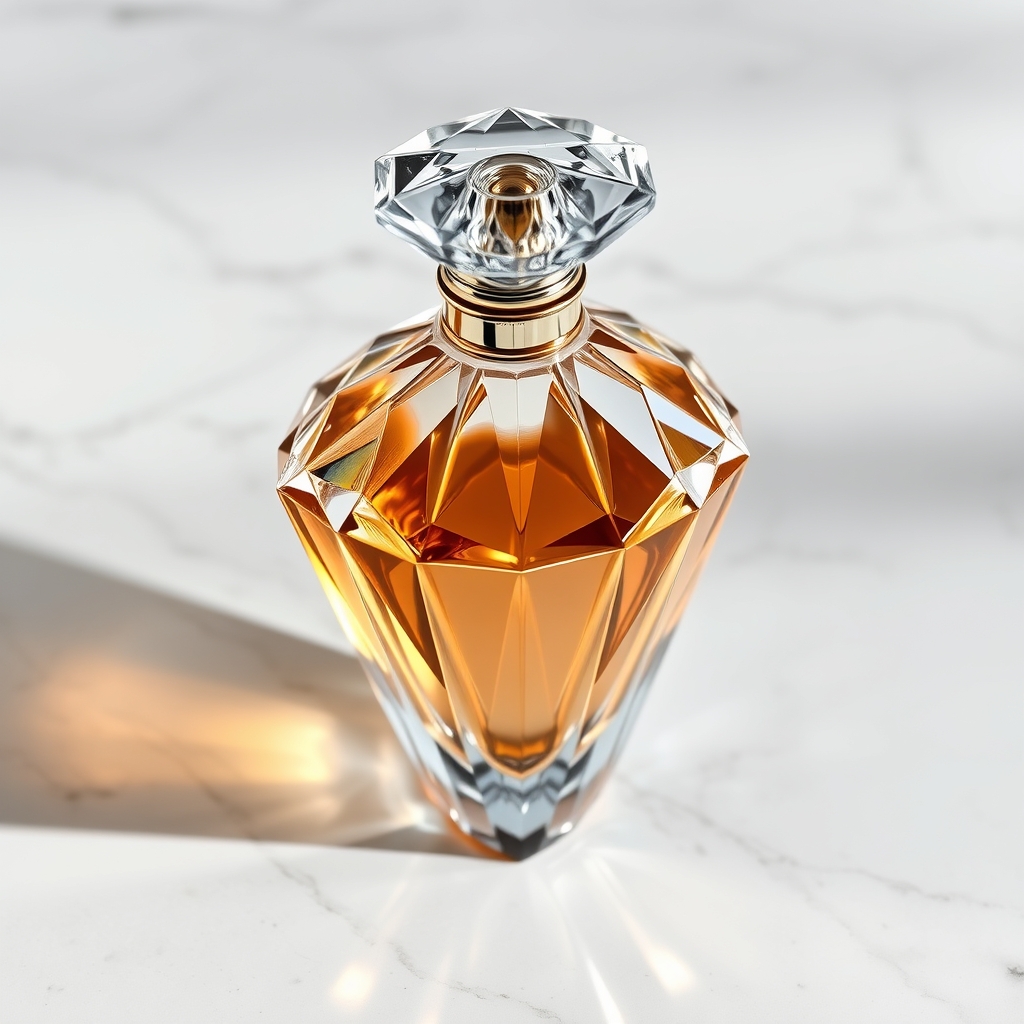 یک شیشه عطر لوکس به شکل الماس، قرارگرفته روی یک پیشخوان مرمر.20