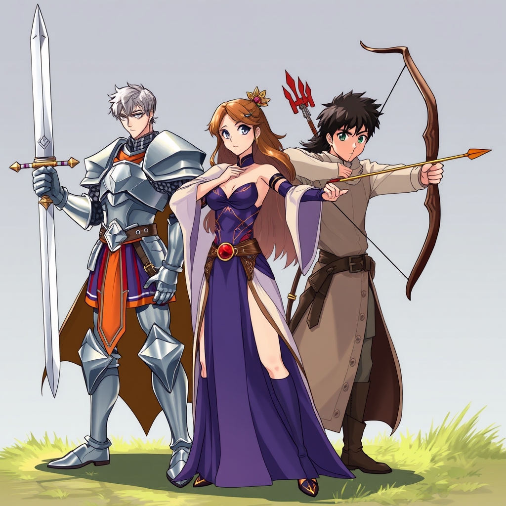 شوالیه مرد با شمشیر افسانه جادوگر زن با چوب دستی جادویی و پسر دو رگه تیر انداز برای نجات پادشاه 
12