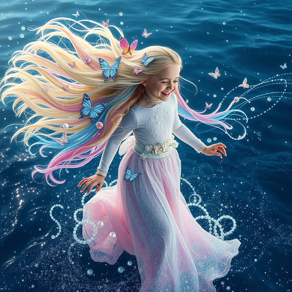 یو دختر زیبا با موهای بلوند و صورتی و ابی و پروانه ها و صدف های کریستالی لای موهایش که دارد داخل آب اکلیلی دریا میدود و با یک پری دریایی زیبا از جنس نورو دریا و پولک رو برو میشود و هزاران صدف و مروارید لای موهایش است و .....13