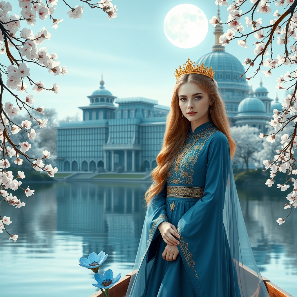 قصری شیشه ای در کنار دریاچه با شکوفه گیلاس زیباترین زن جوان در جهان حتی در رویایی که شکوه خدا را داشته باشد که نظیر آن در دنیا نباشد که همه بهش سجده کنند با موهای طلایی درخشان بلندحالتدار با چشم هایی درشت که مردمک ان دریا باشدبا پوستی سفید همرنگ برف لب هایی سرخ وگونه قرمز لباس سلطنتی پفی آستین پفی آبی طلایی اکلیری تاجی طلا سلطنتی سوار بر قایق خیلی زیبا با گل نیلوفری در دریا است را لمس میکند موهایش آنقدر بلند است که روی آب هم هست و ماه کامل بسیار درخشند است شکوفه های گیلاس درهوا و روی آب بادمیوزد1