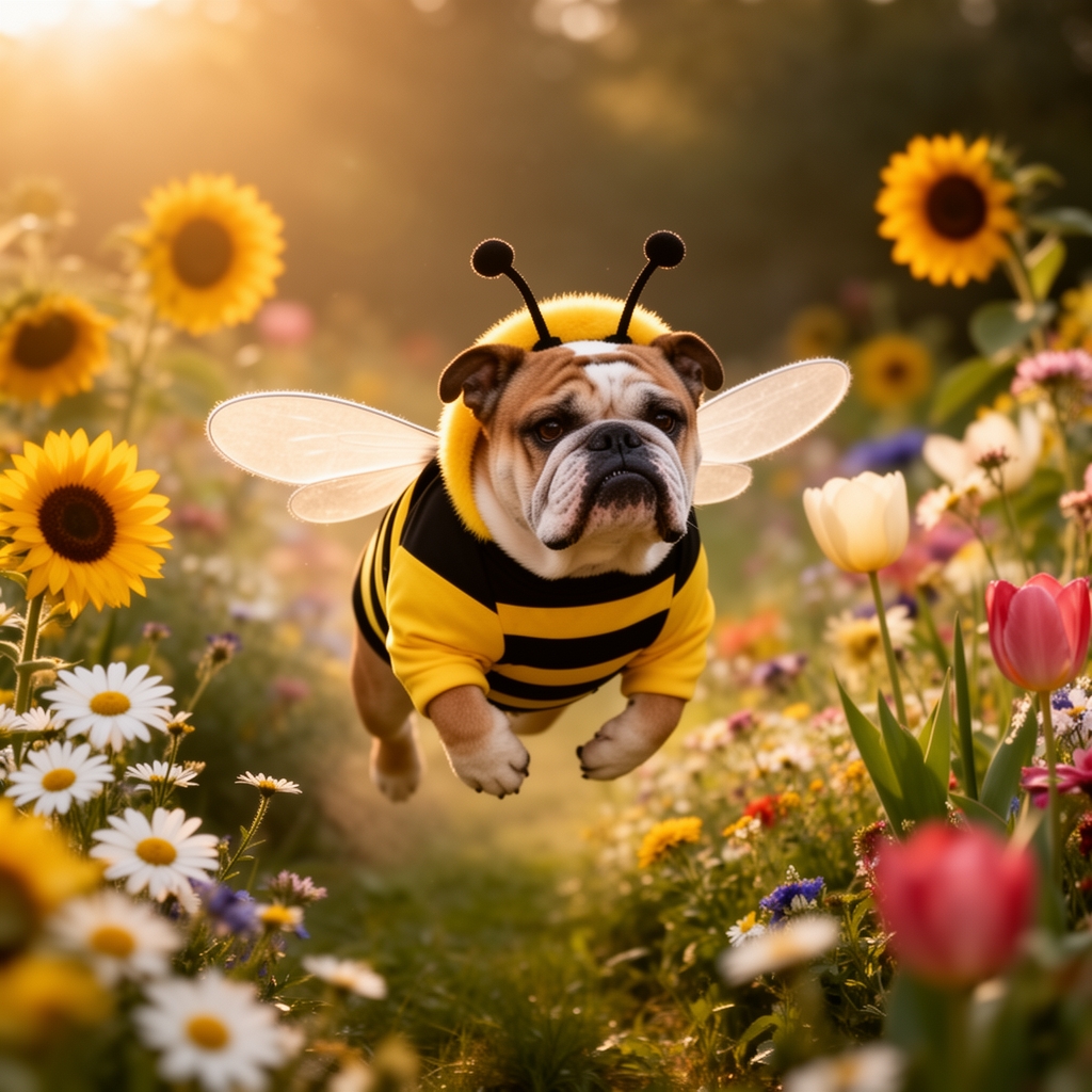 یک سگ بولداگ اخمالو که لباس زنبور پوشیده و در باغ گل پرواز می‌کند، بال‌های کوچک و بامزه، سبک واقع‌گرایانه و طنز.4