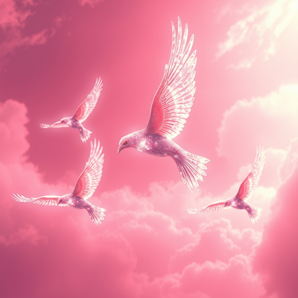 چند پرنده سیمرغ بلورین در آسمان صورتی در حال درخشش12