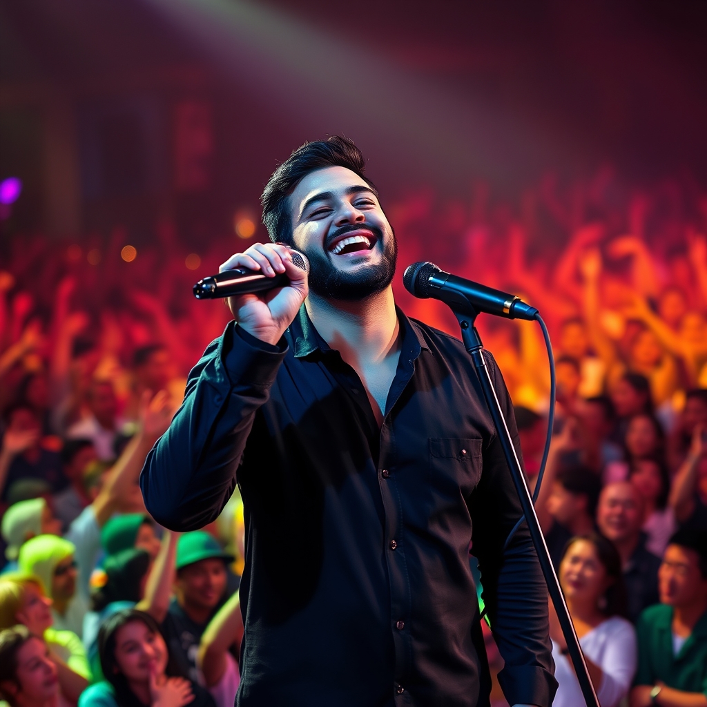 حامیم که در کنسرتی درخشان و تماشا چیان نورانی دیده شوند حامیم با خوشحالی اهنگی میخواند و میکروفونی سیاه براق دارد14