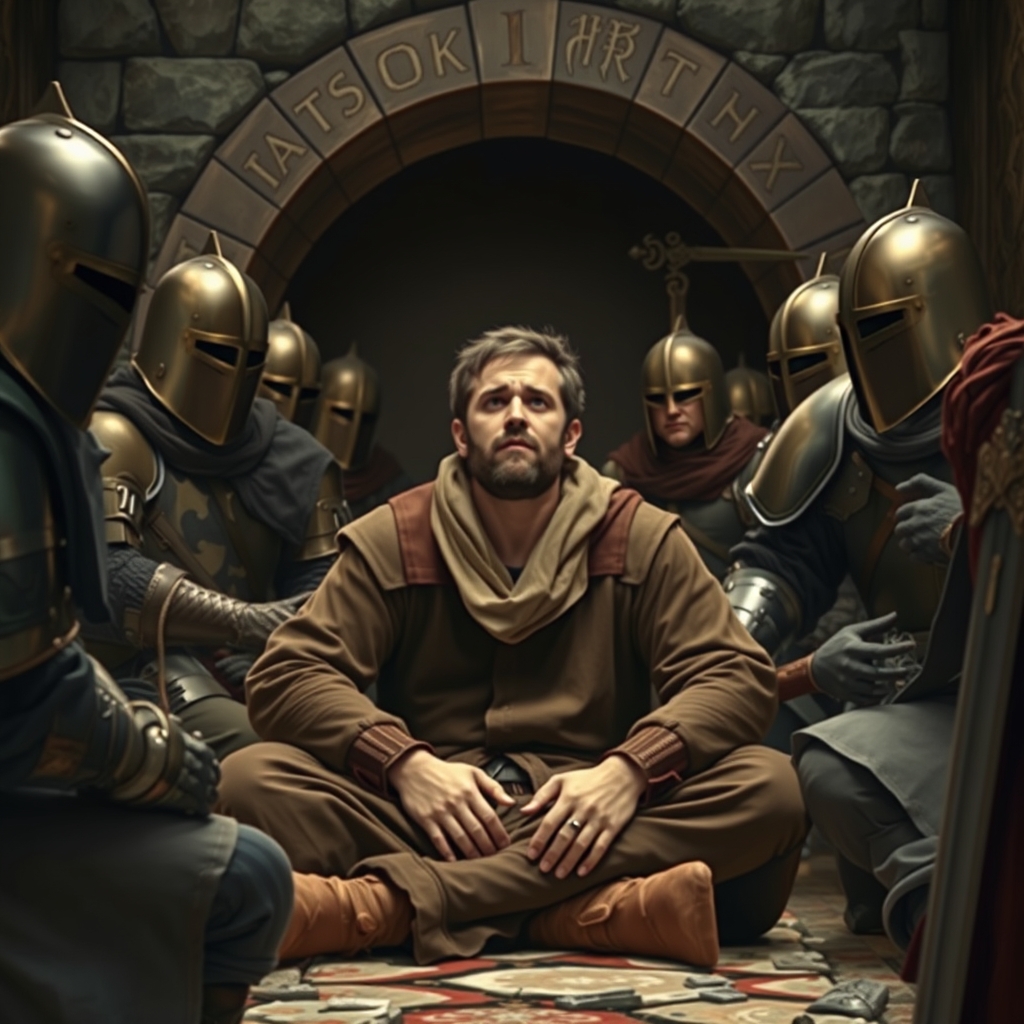 یک مرد ترسیده و نشسته است و در خطر مرگ شوالیه ها محاصره اش کرده اند منتظر یک ناجی در دوران قرون وسطا0