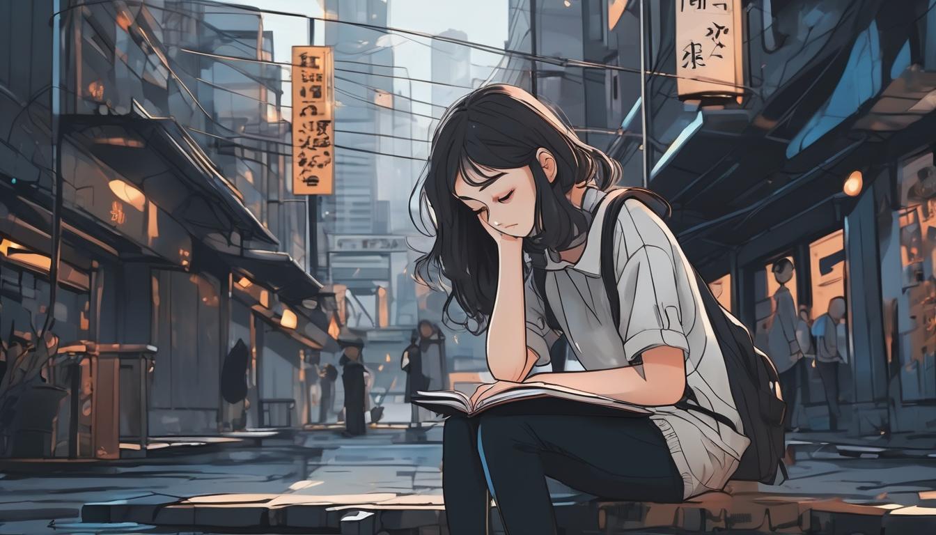 دختری تنها و با  در پس زمینه تیره شهری شلوغ که خانواده اش به او توجه نمیکنند ولی او هنوزم در حال تلاش برای آینده اش و در حال تحصیل است و بسیار غمگین است.11