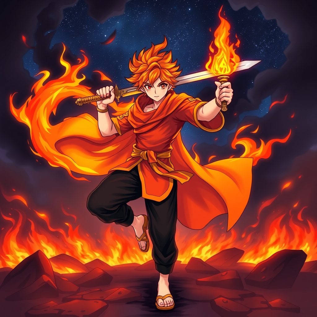 یک پسر ۲۰ ساله که موهایی به رنگ آتشین🔥 دارد و چشمانی مثل آتش دارد و ابرو های آتشین🔥 هم دارد و یک لبای شلوار مشکی پوشیده است و یک دمپایی زرد هم پوشیده است و یک ردای آتشین 🔥هم دارد و یک شمشیر هم دارد که دسته اش آتش🔥 است و در یک دستش هم آتش🔥 است و بالای کادر به رنگ زرد نوشته من کیوجورو رنگوکو هستم🔥14