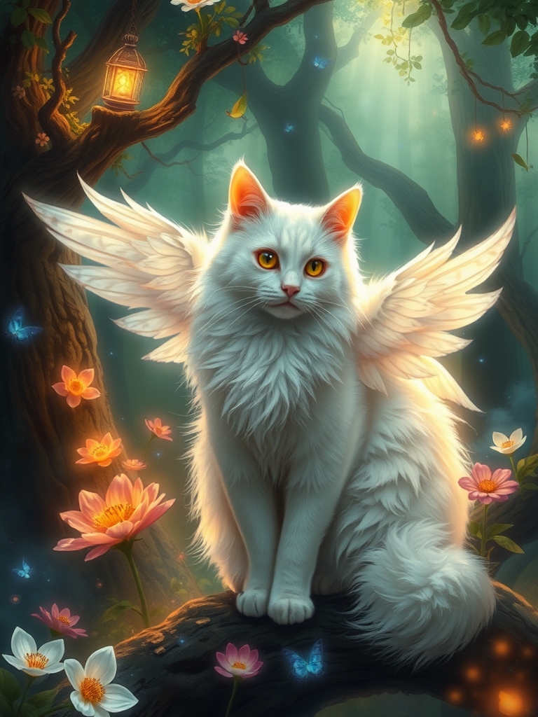 عکس گربه سفید ماده پرشین با چشم های عسلی که یک خال ساه کوچک بالای سرش داره که بال های پری داره در جنگل9