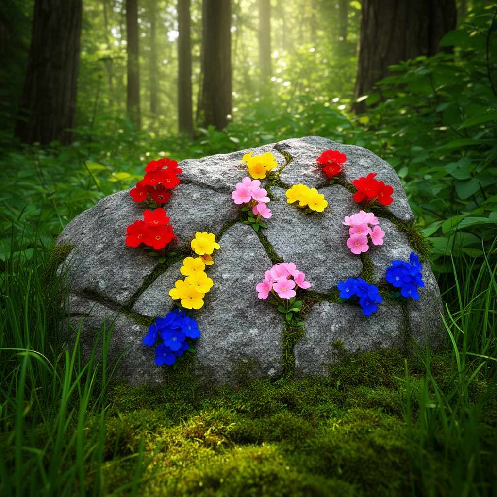 گل های کوچک به رنگ های مختلفی که از تکه سنگی رشد کرده اند و زیبا و..... و پشت زمینه اش طبیعتی سرسبز و جذاب است 1