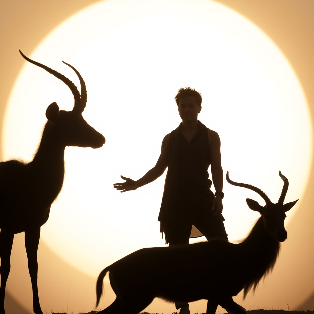 The image shows a silhouette of a person in a dynamic pose next to a silhouette of an antelope, set against a bright, circular background.3