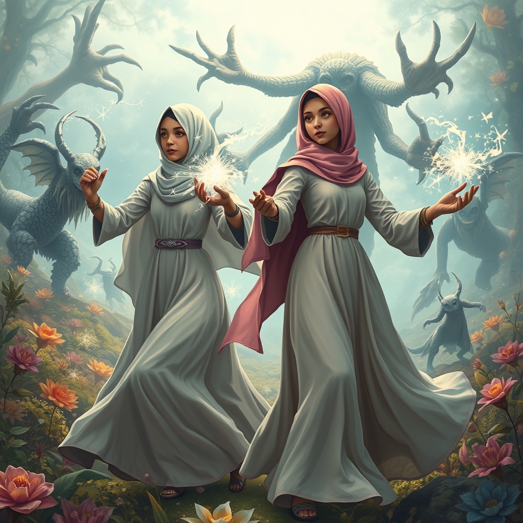 زینب و فاطمه با روسری در دنیای قصه ها هستند و دارند با موجودات شر با جادوی خود با آنها می‌جنگند5