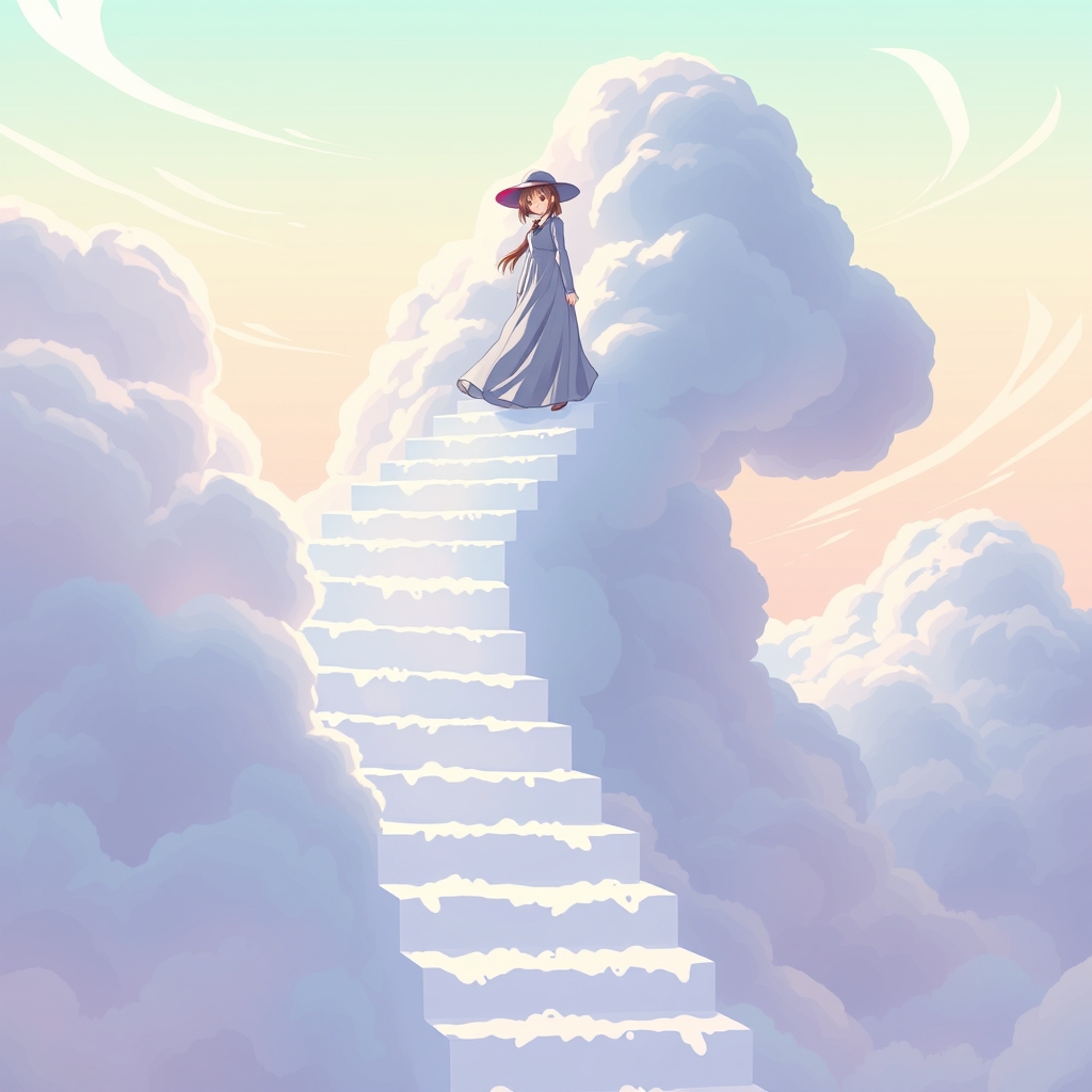 یک پله که از ابر ساخته شده و تا آسمان ادامه داشته باشد و یک دختر زیبا با کلاه داشته باشد که در آخر پله ها باشد و آخر پله ها ابر باشد و 23