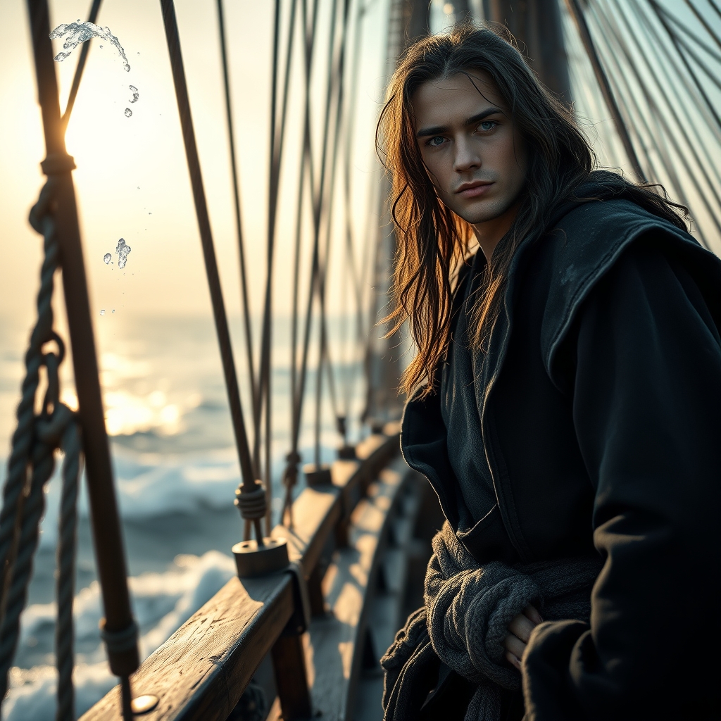 مردی جوان با موهای مشکی رنگ بلند و با چشمان آبی رنگ که لباسهای دزد دریایی مشکی رنگ تنش باشد و بالای عرشه کشتی وایساده باشد و لبرگها در هوا باشد2
