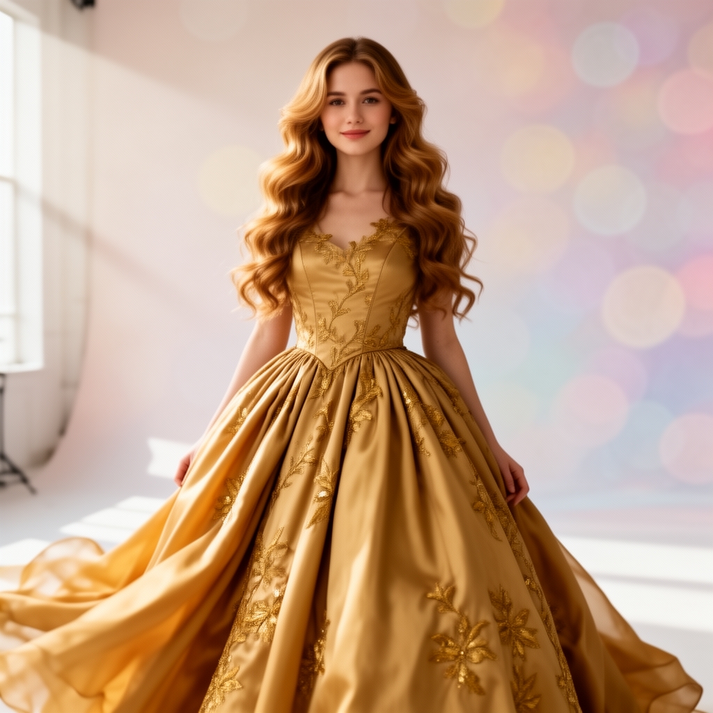 دختر با موهای بلند حالت‌دار قهوه‌ای طلایی و لباس طلایی پف‌دار بلند و زیبا و خیلی خوشگل16