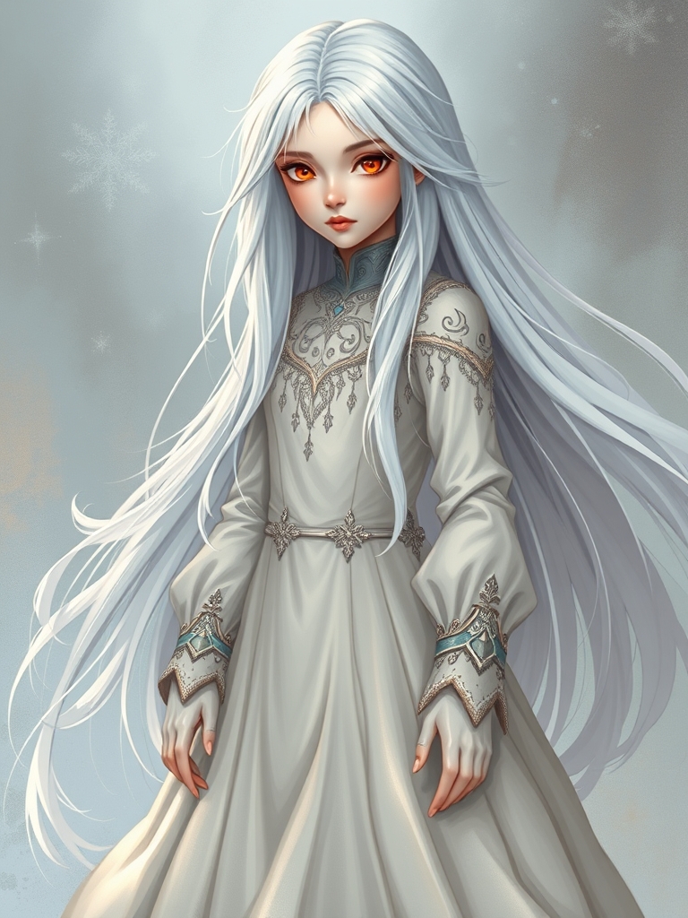 دختری با مو های بلند سفید و چشمانی که مانند کهربای قرمز است و لباسی که مانند لباسی زیبا به شکل ملکه برف است 22
