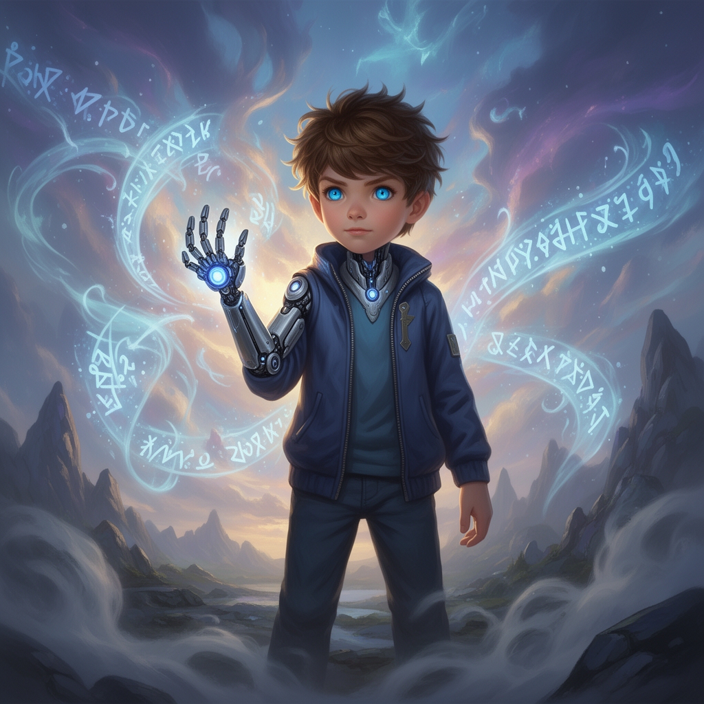 پسر با چشمان ابی که دست روباتی دارد5