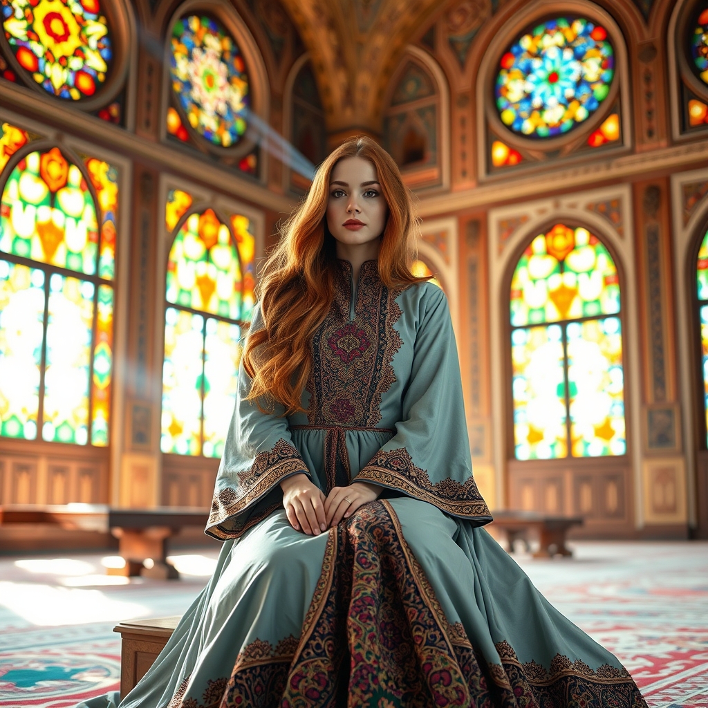 یه دختر مو بلند خرمایی با لباس های  اصیل ایرانی در یکی از قصر های با شکوه ایران نشته و نور از پنجره های رنگی به دخل می تابد  17