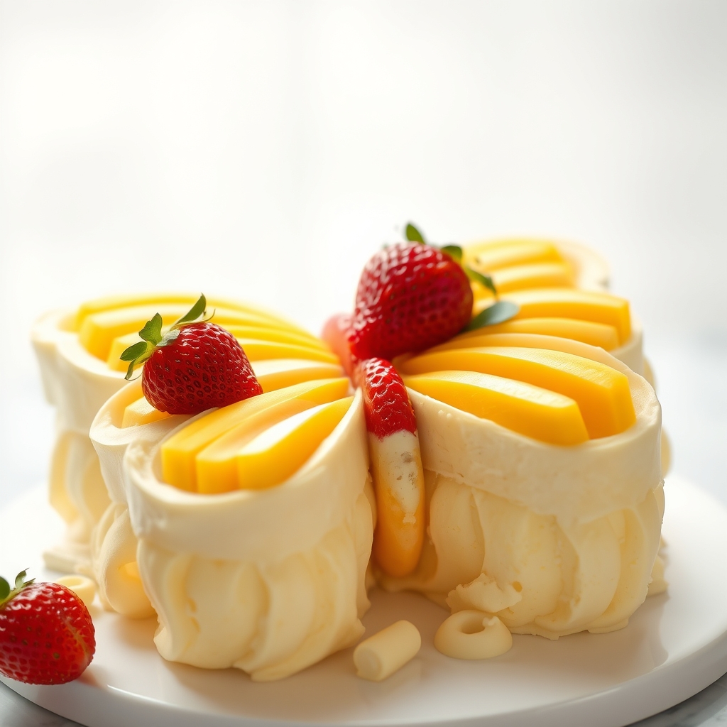 کیک خامه ایی خوشمزه با طعم انبه و توت فرنگی با قالب پروانه11