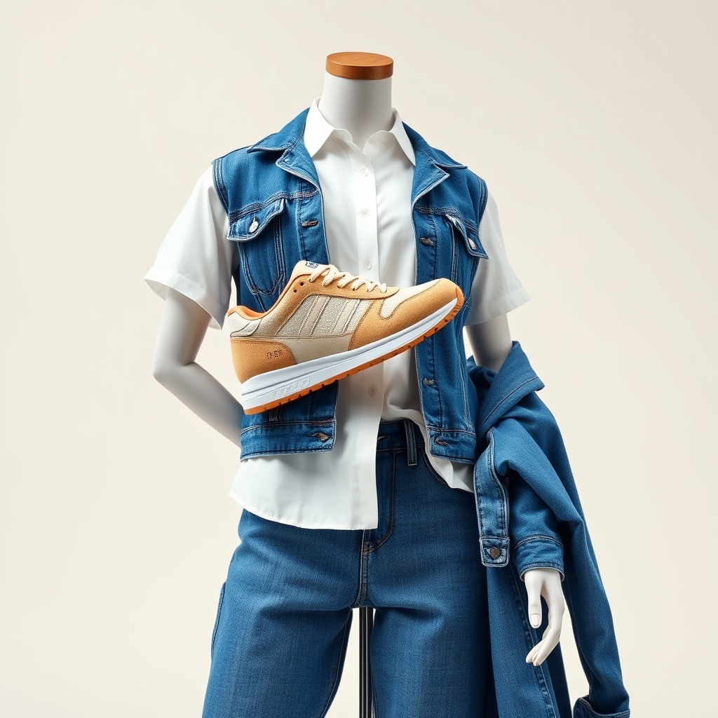 یه مجسمه مانکن که تنش یک کفش کرمی نسکافه ای و سفید اسپرت هست و یک شلوار بگ لی آبی پوشیده و یک بلیز سفید که رویش یک جلیقه لی آبی و ردی آن یک کت لی آبی است9