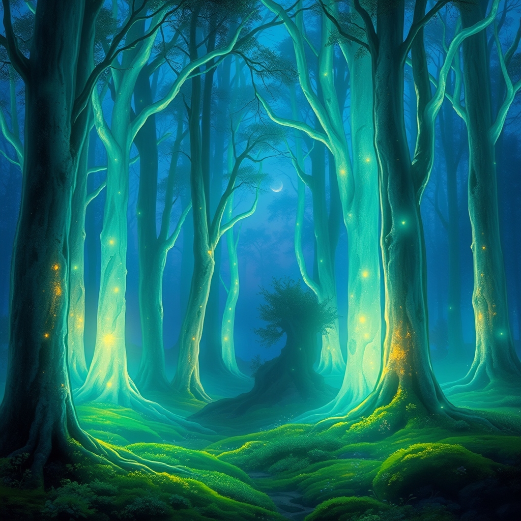 یک جنگل اسرارآمیز با درختانی از جنس نور، که با سایههای سبز و آبی به نرمی میدرخشند
5