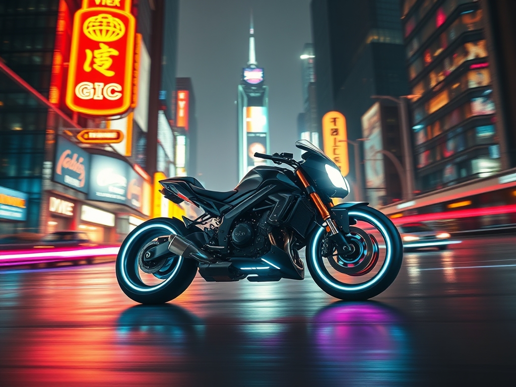 

یک موتورسیکلت آینده‌نگر با چرخ‌های هولوگرافیک، در حال حرکت با سرعت در شهری با نورهای نئون.8