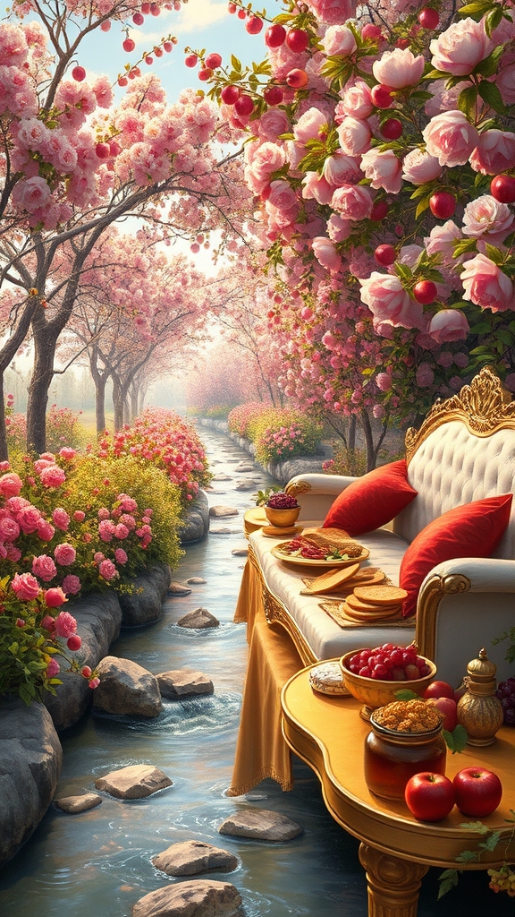 صبحی دل انگیز بهاری روشن 
باغی افسانه ای با تونل افراشته از بوته های گل 
و درختان پرشکوفه سیب و انار و پوشش انبوه گلهای رز اطلسی لی لی یم شب بو 
آبشاری و رودی جاری ست 
پایین رودخانه 
کاناپه دراز ال مانند سفید طلایی با کوسن های قرمز 
و میز طلا پر نان کره خامه عسل مربا حلوا باقلوا شیر خوشه انگور سیب انار2