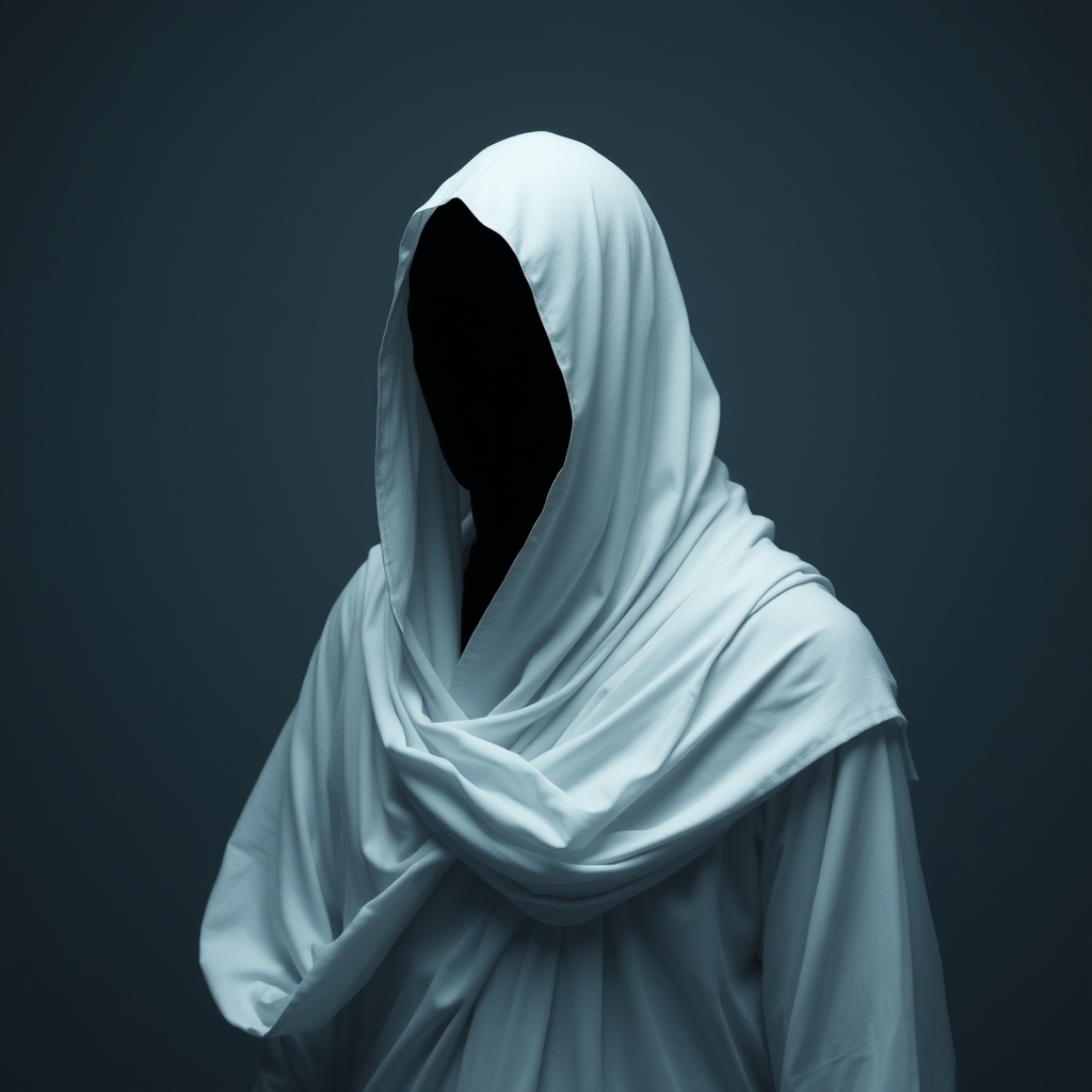 یک عکس از یک شبح مانند که صورتش مشخص‌نیست و فقط سر‌ و شانه آن در عکس است و لباس سفید و اساسینی پوشیده است و صورتش سیاه و تاریک است و صورتش کلا دیده نمیشود انگار نامرئی است1