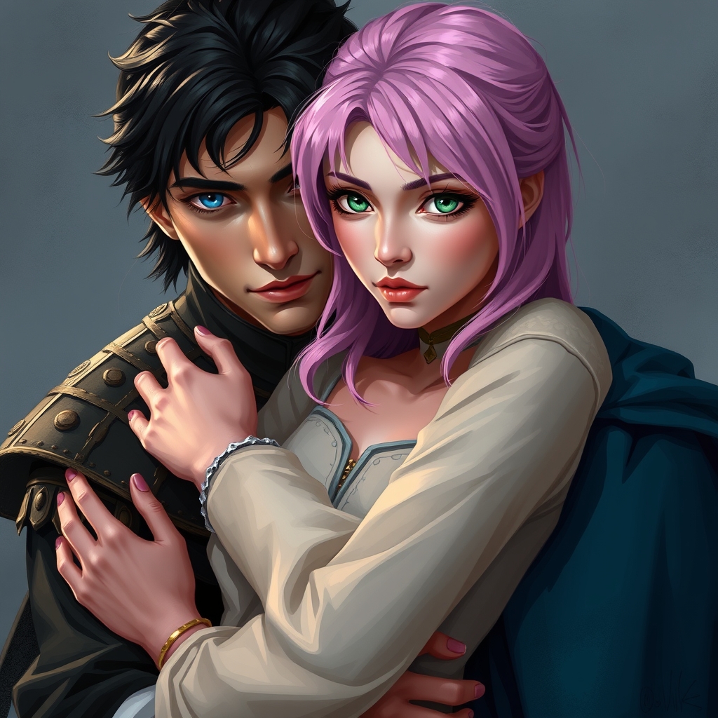 لطفا برام یه مرد بکش که موهای سیاه دارد چشمانش ابی دریا ست  و یک زن را بغل کرده که چشمانش سبز است و موهای صورتی در نقاشی در مورد قرون وسطا باشد و موهایه زن صورتی لایت باشد و مرد  پرنس باشد18