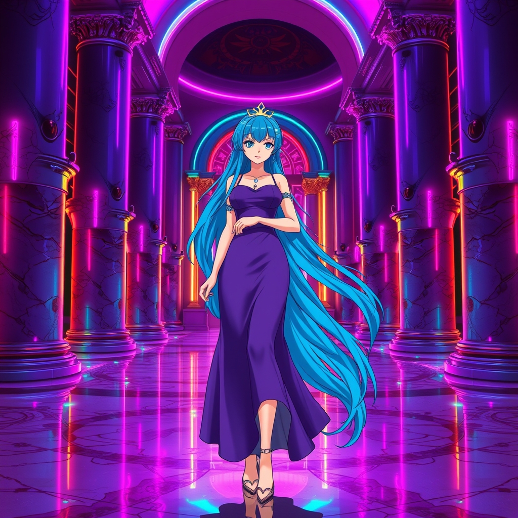 تصویر انیمه پرنسس زیبا با موهای آبی بلند و پیراهن بنفش ایستاده در سالن قصر
3