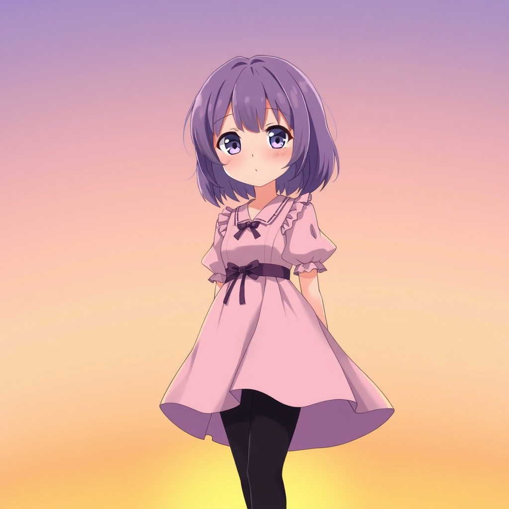 یه دختر موهاش تا شونه هاش باشه بنفش باشه چشماش بنفش باشه لباس میتسوری تنش باشه  یک جوراب شلواری سیاه22