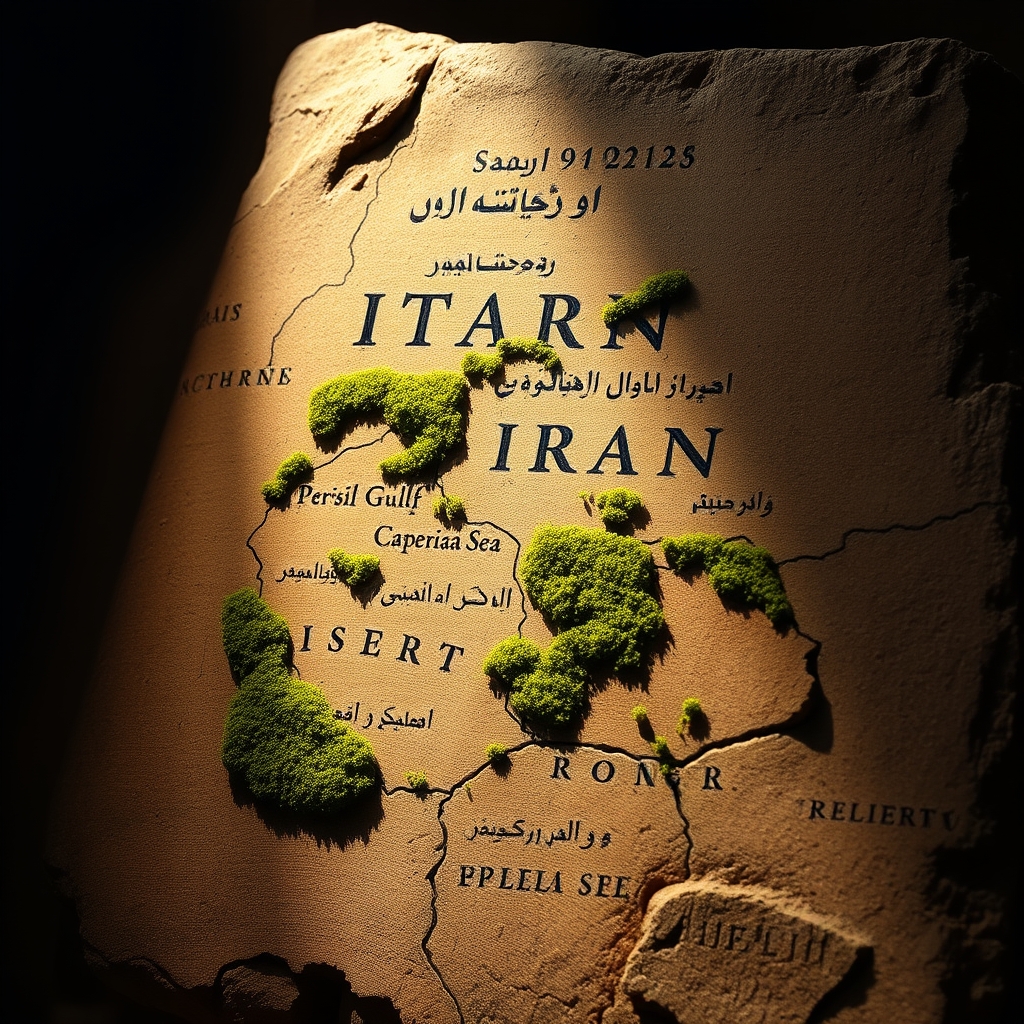 سنگی قدیمی که نقشه قدیمی ایران به زبان فارسی نوشته شده و بر روی بخش های خلیج فارس و دریای خزر خزه پوشانده0