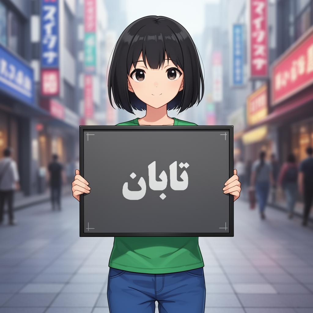 یک دختر با موی خیلی کوتاه سیاه بالباس سبز و شلوار آبی یک تابلو در دست گرفته که روی آن تابان نوشته شده است2