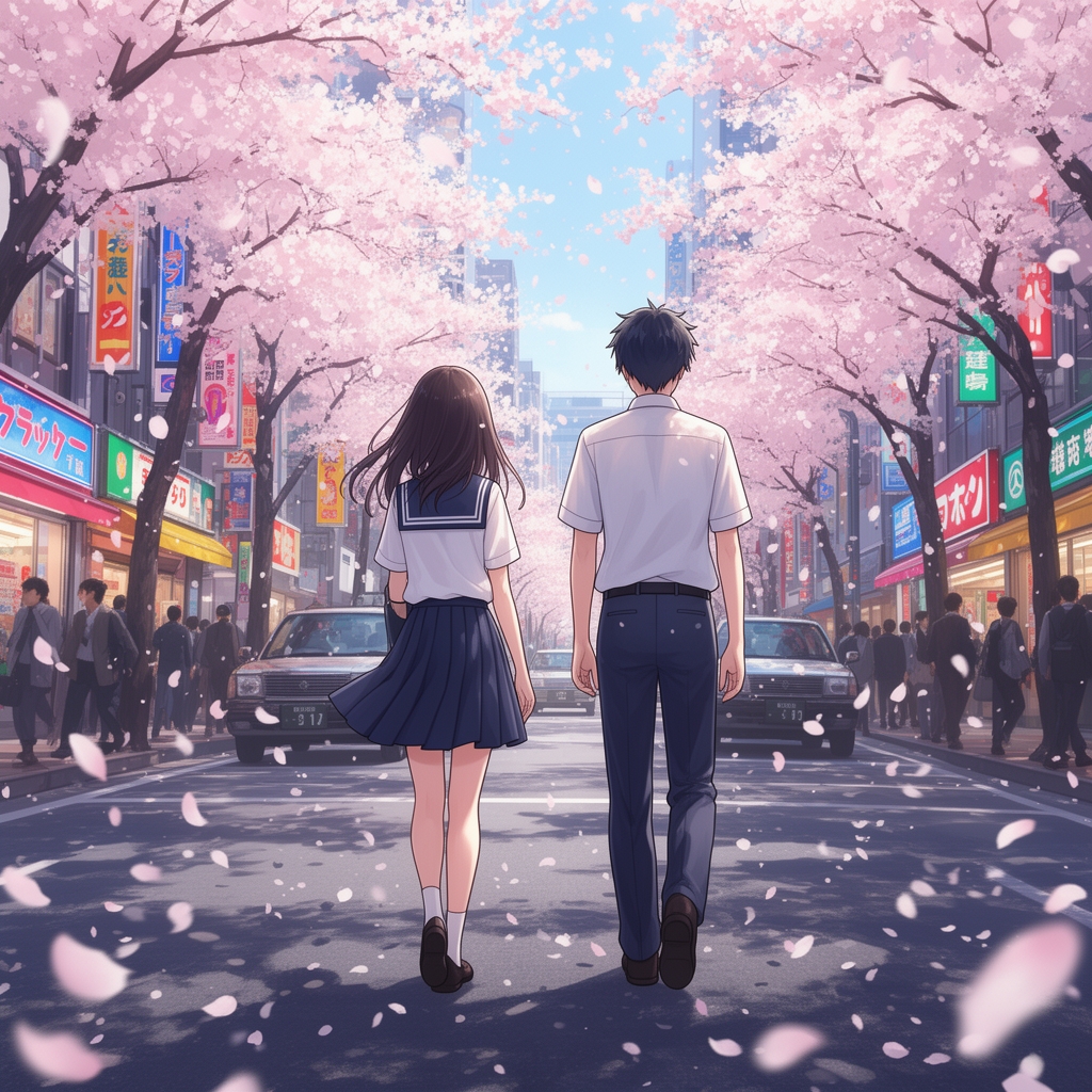 یه دختر و پسر که پشتشون هست و دارند به مدرسه میروند که شکوفه ها از درخت ها میریزند در یک خیابان شلوغ در توکیو2