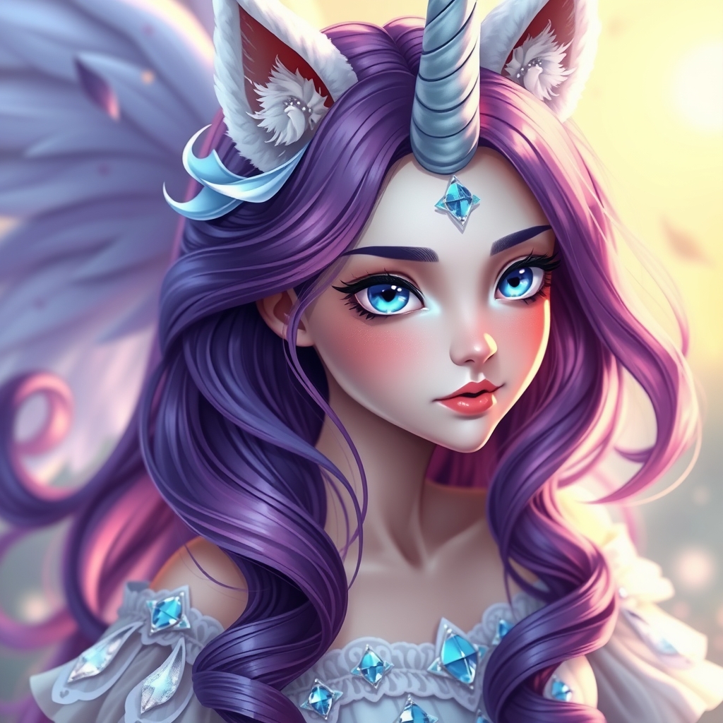 یه دختر خوشگل با موهای بنفش بلند که تهش حالت داره چشماش هم آبی سایه چشم آبی کمرنگ هم داره رژ گونه صورتی داره 👗 سفید و الماس های درخشان آبی داره گوش انسانی نداره ولی گوش های گربه ای سفید داره و یه شاخ یونیکورنی درخشان سفید و آبی21