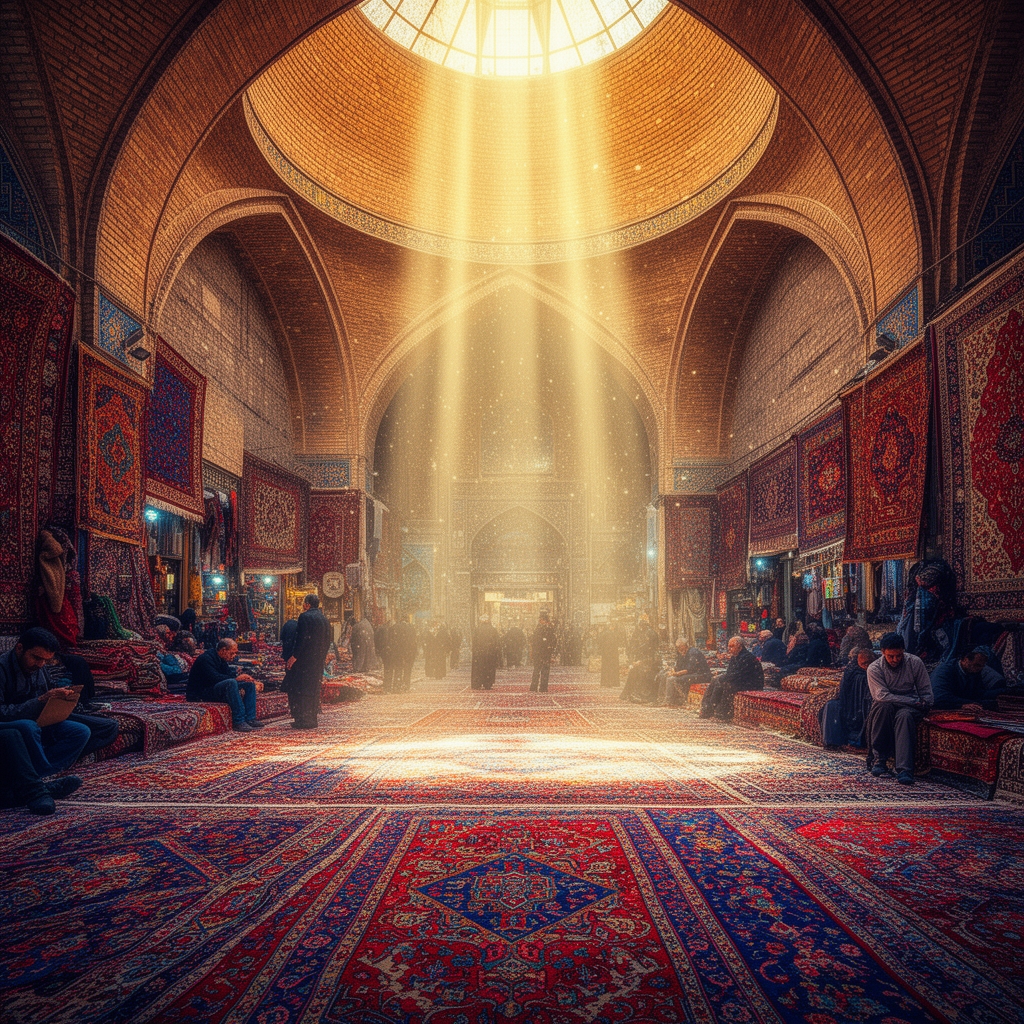 بازار فرش تبریز با سقف‌های گنبدی و آجری، پرتوهای نور که از سقف به داخل می‌تابند، گرد و غبار معلق، فرش‌های رنگارنگ روی زمین.2