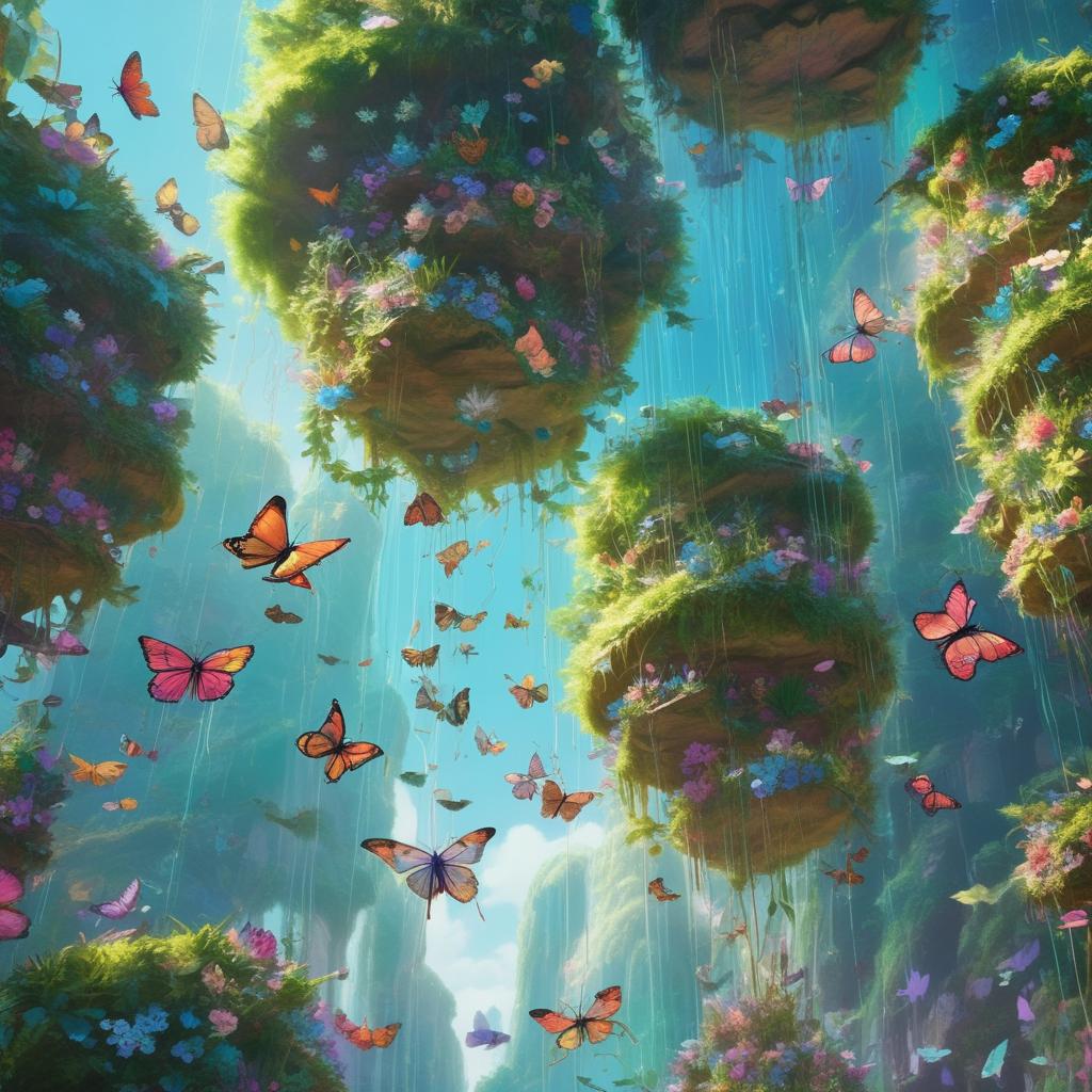 باغ‌های شناور در آسمان، جایی که گیاهان شفاف در باد می‌لرزند و در میان آبشارهای شناور و پروانه‌های افسانه‌ای پررنگ تکان می‌خورند.12