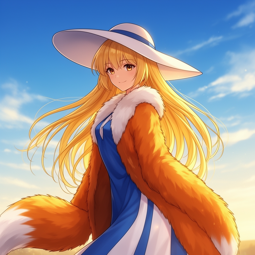 نقاشی انیمه دختری با موهای بلند بلوند و پوشهای روباهی با پیراهن آبی سفید و کلاه آفتابی2