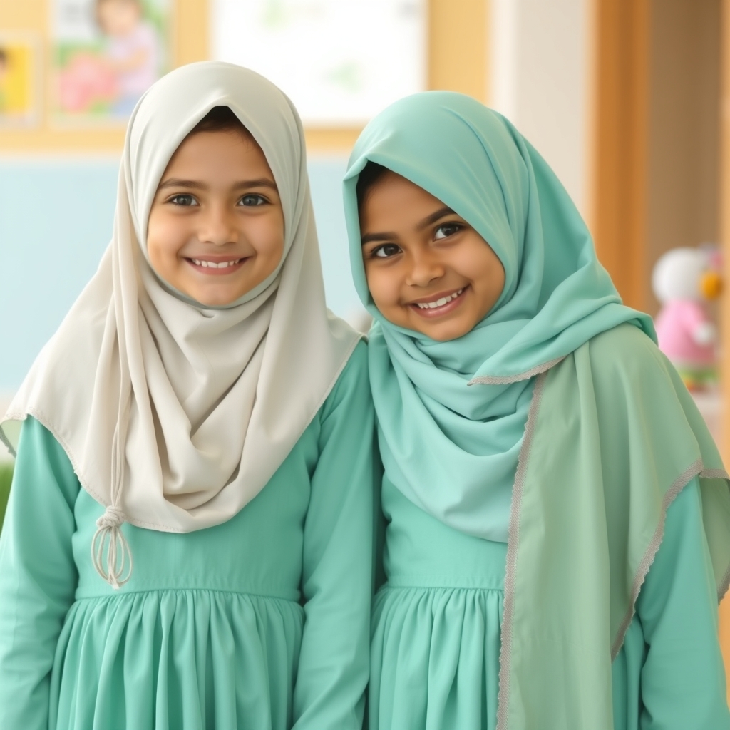 دو تا دختر خاله با حجاب 11 ساله با لباس زیبا و مانتوی سبز با روسری سبز کمرنگ که دیت هم را گرفتن ایرانی هستن و سیبیل ندا ن پوست سفیدی دارن21