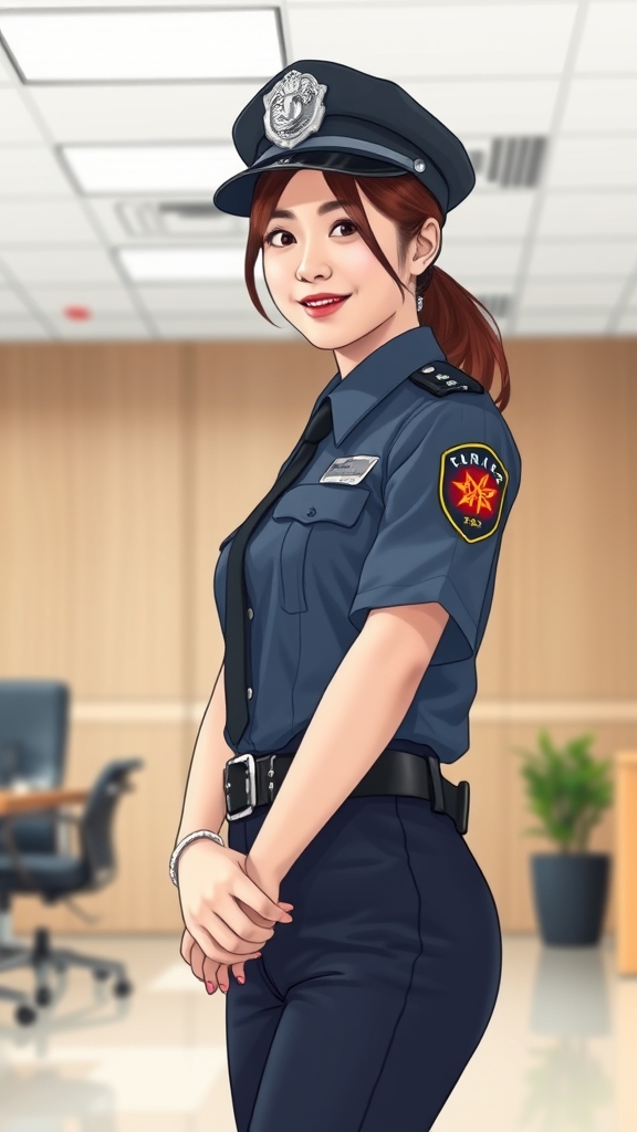 دختر خوشگل و جوان کره ای که پلیسه  و توای اداره  با لباس های پلیسی ایستاده 4