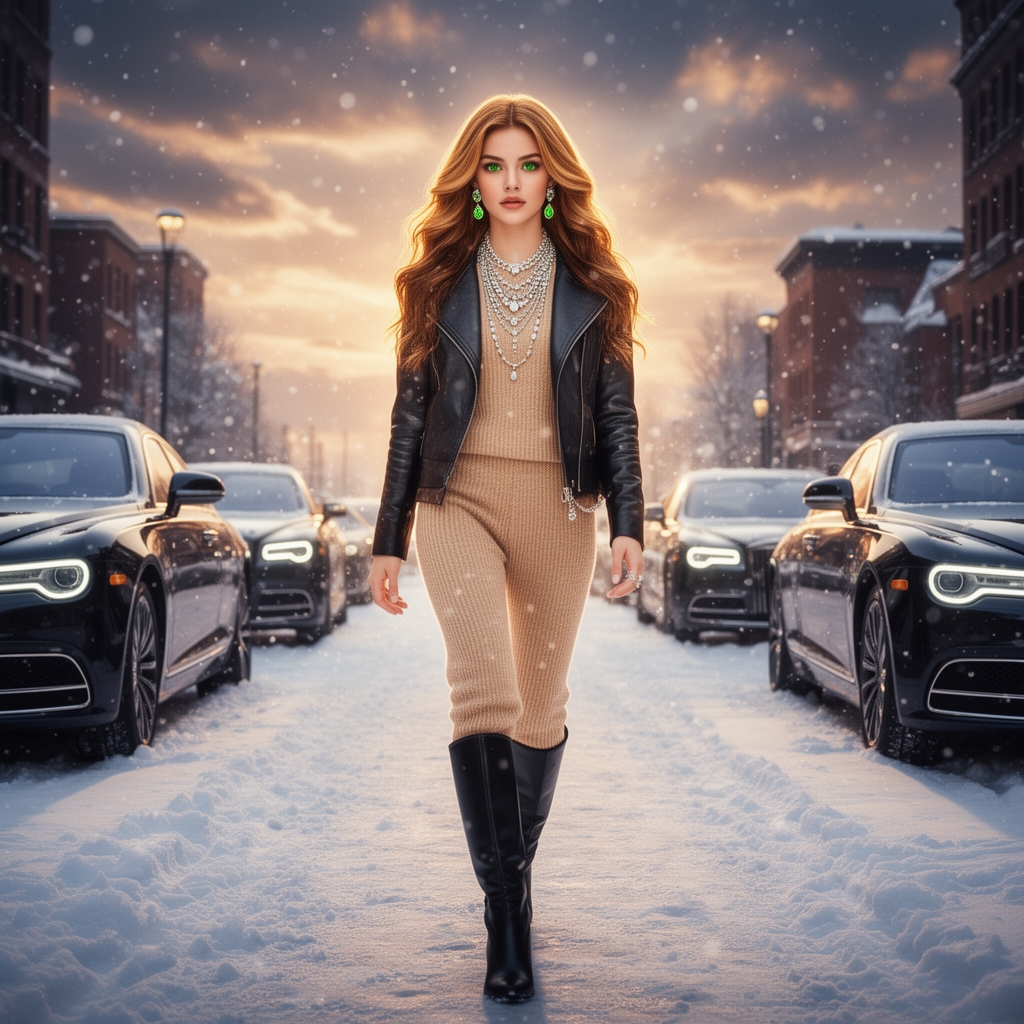 دختری بسیار زیبا به زیبایی خورشید و ماه با چشمان سبز روشن وبا آرایش کییوت دخترانه وزیورآلات بسیار زیبا و براق باموهای براق قهوه ای و طلایی و با زیبا ترین لباس های پنبه ای گرم و کاپشن و کفش های چکمه ای زیبا و سیاه که آن دختر در خیابانی زیبا و رؤیایی با ماشین های بسیار لوکس بر روی برف ها رها می رود3